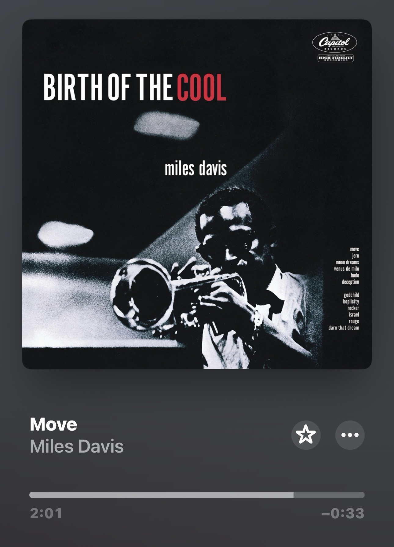 Birth of the Cool album cover. Miles with sunglasses (?) playing his trumpet, in very contrasty B&W,